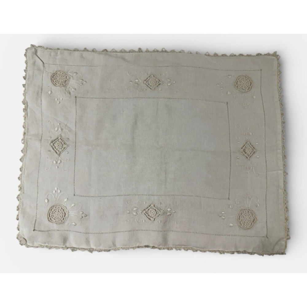 Vtg Handmade Pillow Sham Embroidered Cutwork Crochet Lace Victorian 14x19 Shabby
